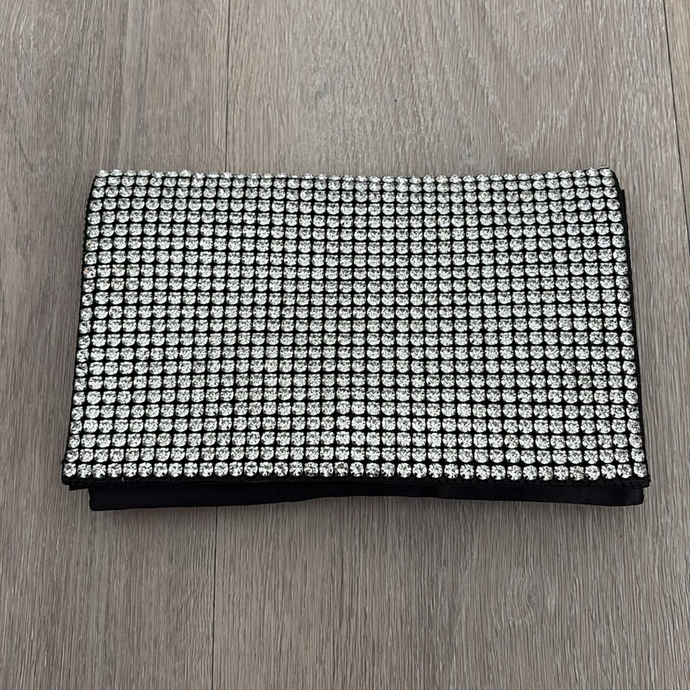 Amber Sceats Womens Purse Rhinestones Silver Black Satin Clutch Crossbody Bling - Picture 3 of 9